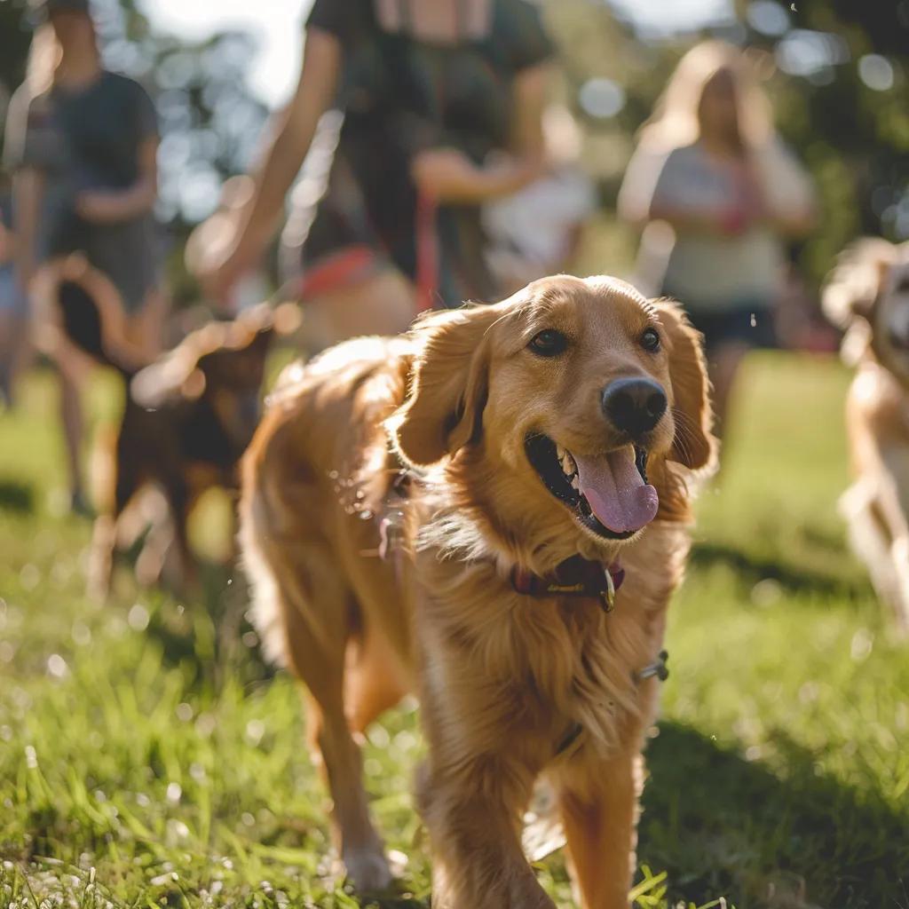 Community dog parade in a park, showcasing pet-friendly living and social engagement