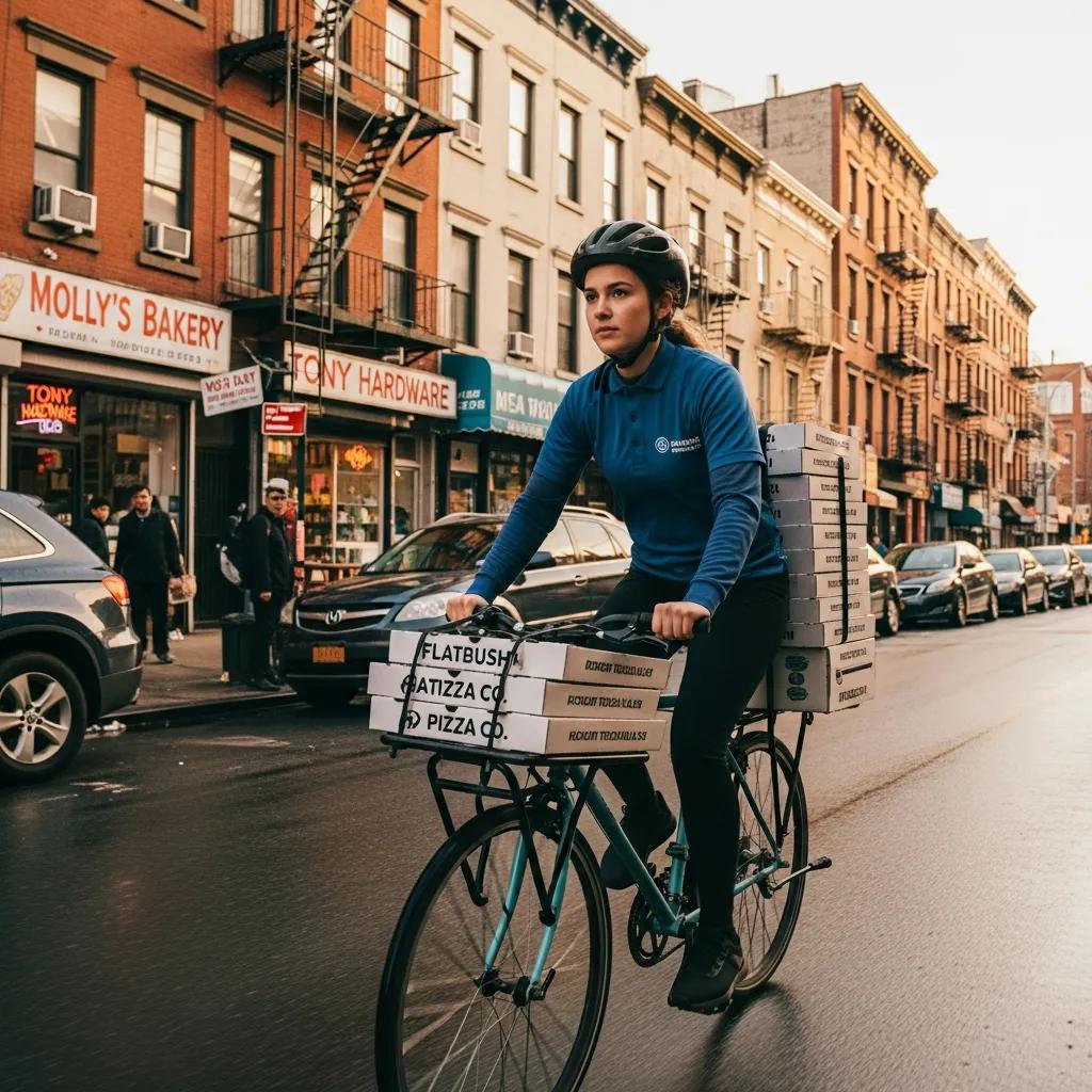 A delivery person on a bicycle delivering pizzas in Flatbush, showcasing the local pizza delivery culture