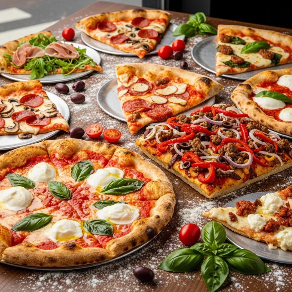 A variety of popular pizza styles from Crown Heights, showcasing unique toppings and high-quality ingredients