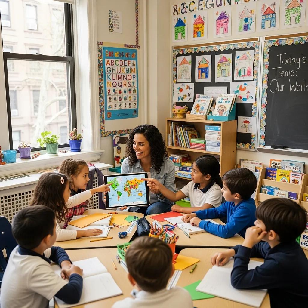 A vibrant classroom scene with a teacher and engaged students in a Brooklyn elementary school