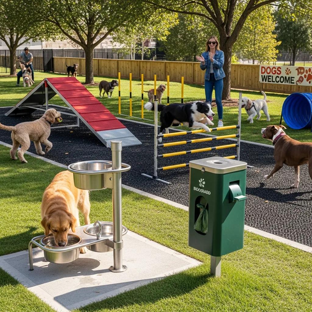 Amenities at a Brooklyn dog park, including water stations and agility equipment