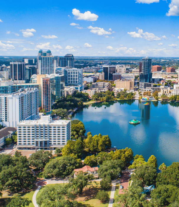Aerial view of Brooklyn skyline with modern buildings, lush green parks, and a serene water body, representing local real estate opportunities and community insights.