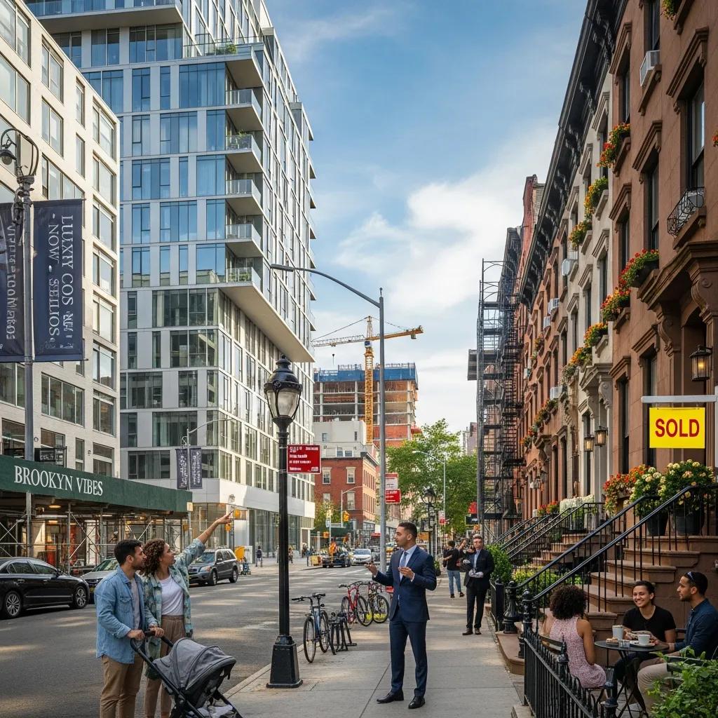 Bustling Brooklyn neighborhood with new construction and vibrant street life
