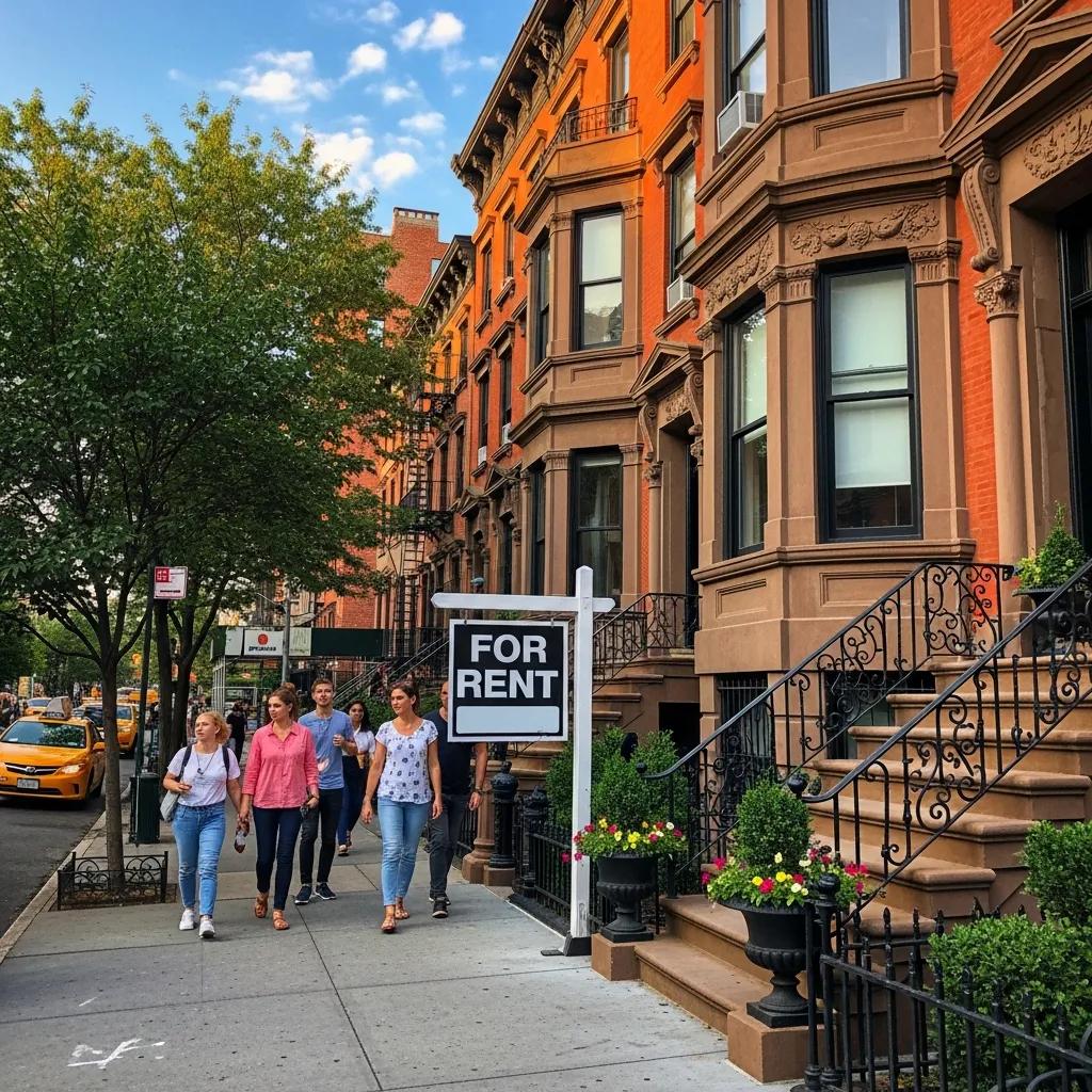 Charming rental property in Brooklyn with a 'For Rent' sign and urban surroundings
