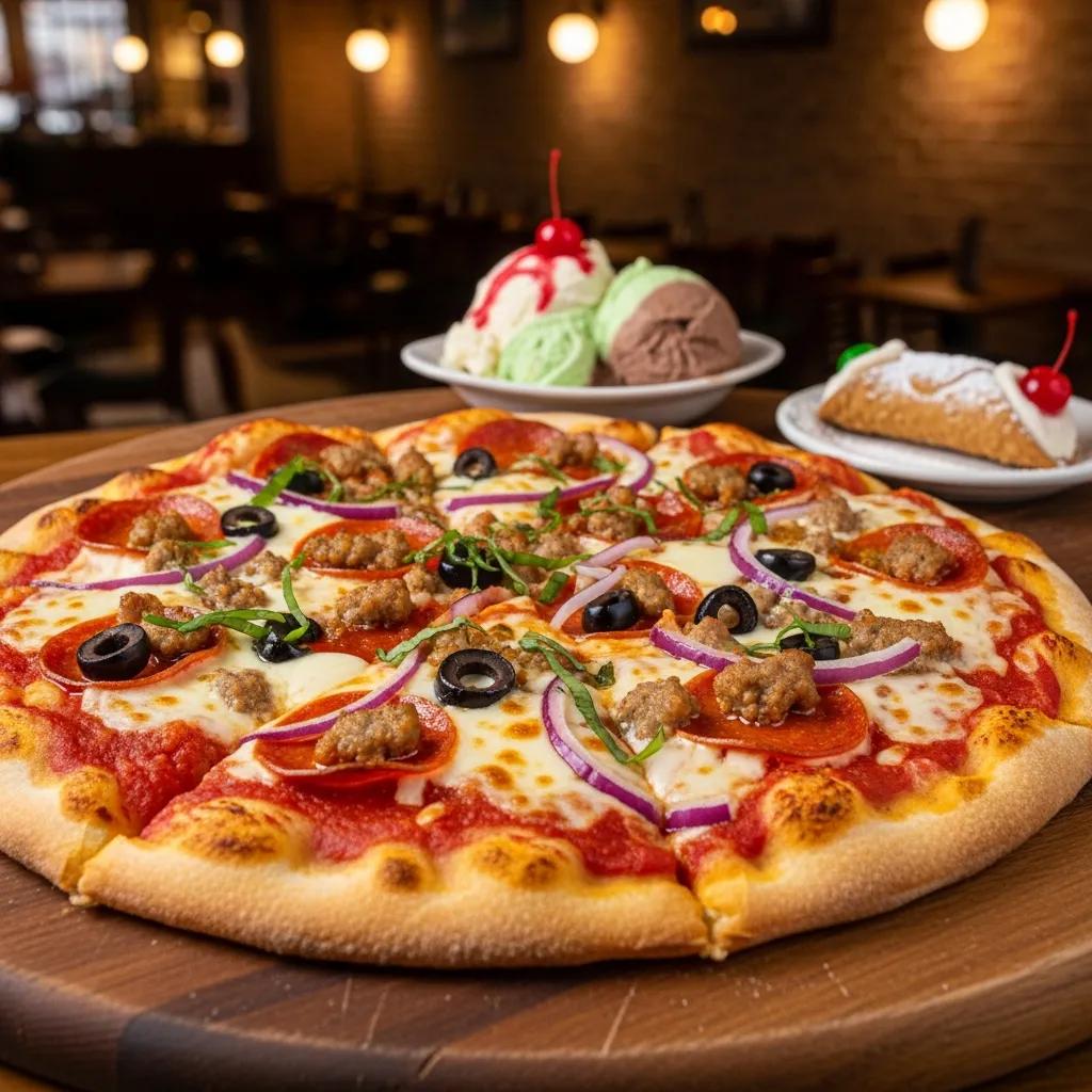 Close-up of a Sicilian-style pizza highlighting its thick crust and toppings, representing menu highlights from Flatbush pizza restaurants