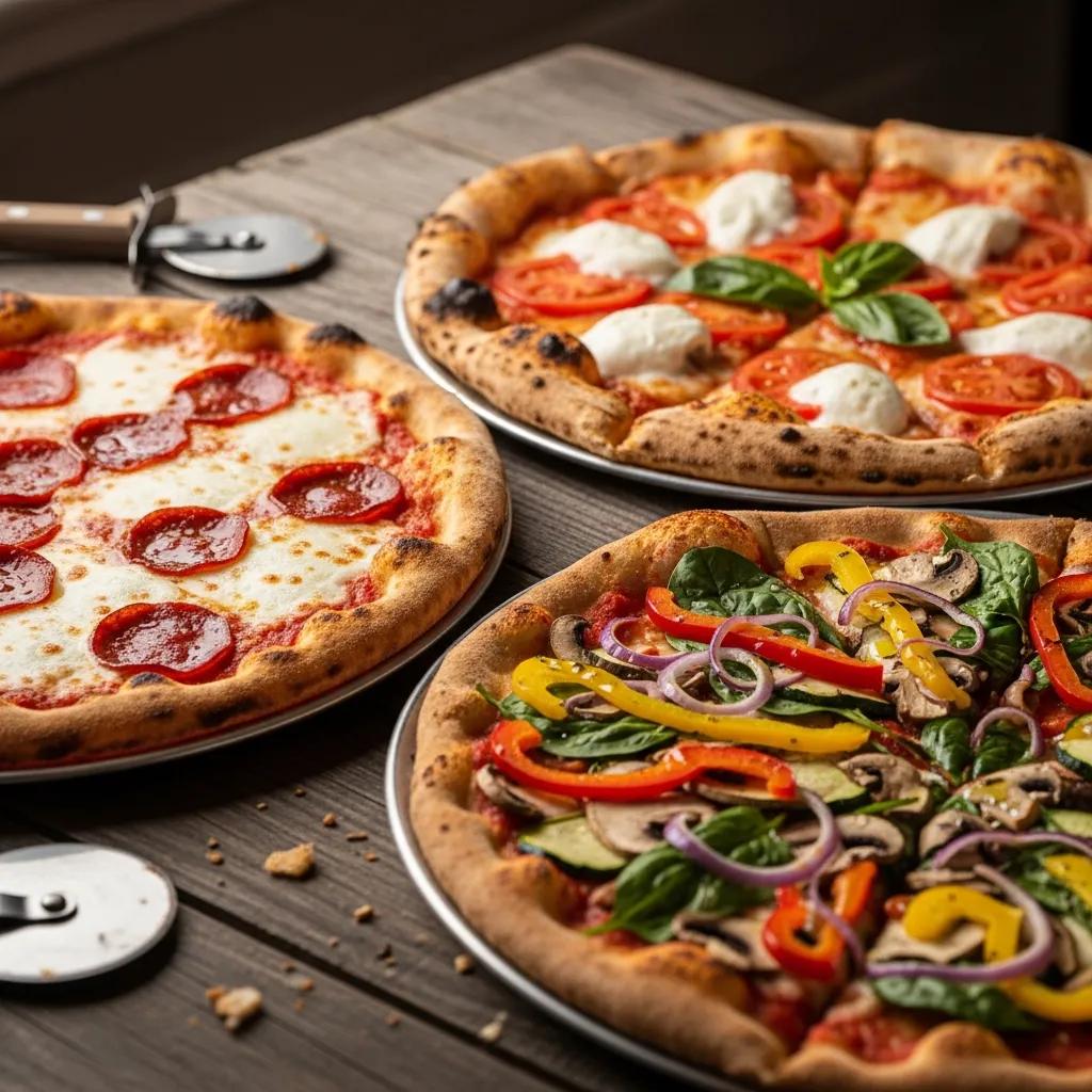 Close-up of popular pizza styles in Bedford-Stuyvesant: New York-style, Neapolitan, and vegan pizza
