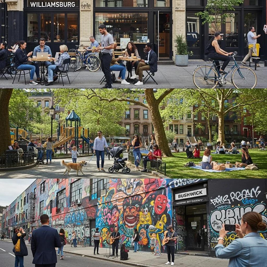 Collage of Brooklyn neighborhoods: Williamsburg, Park Slope, and Bushwick, highlighting their unique features