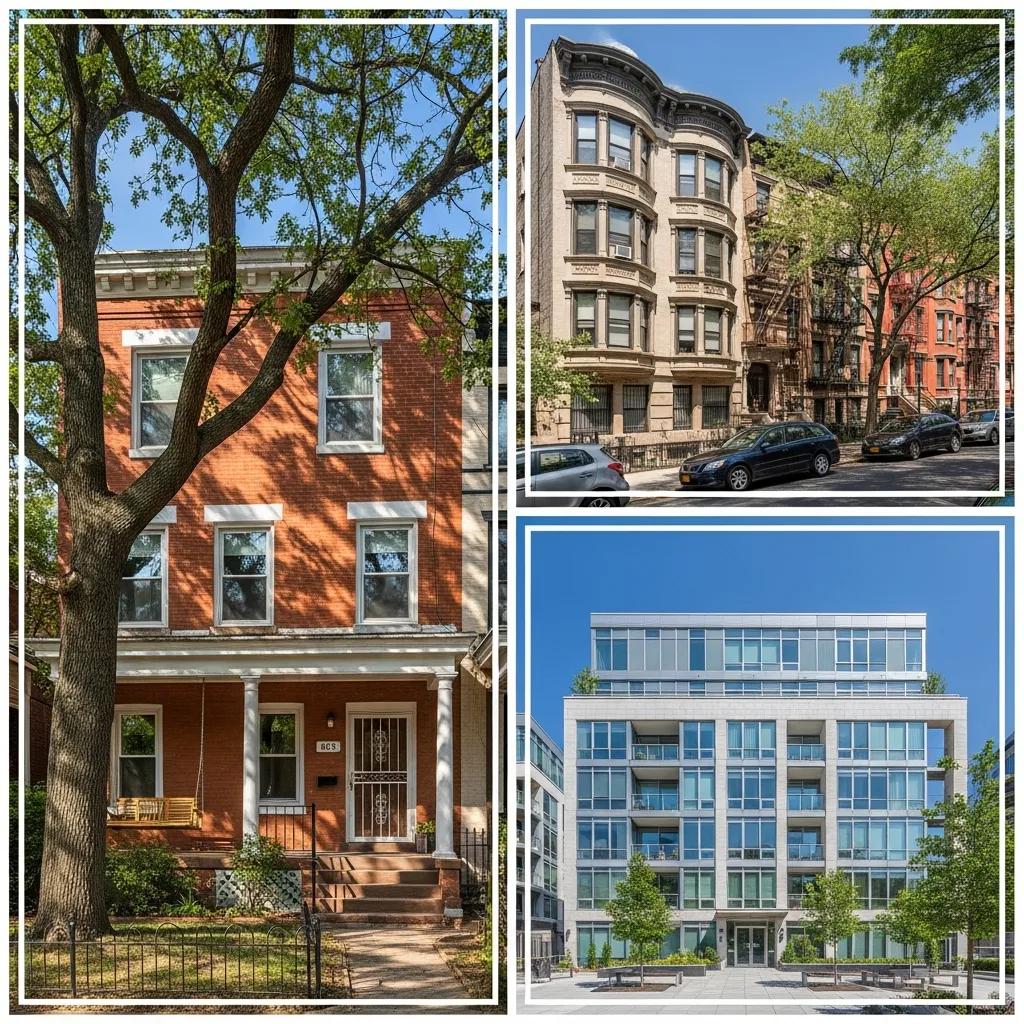 Collage of property types in East Flatbush including single-family homes, multi-family buildings, and condominiums