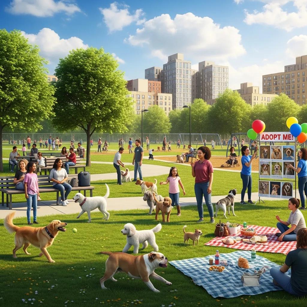 Community gathering at a dog park in East New York with pet owners socializing