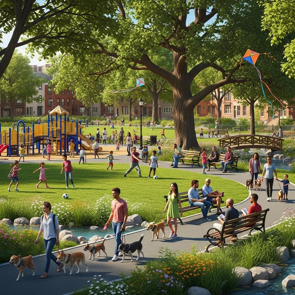 Community park in East Flatbush, showcasing families enjoying outdoor activities and local amenities