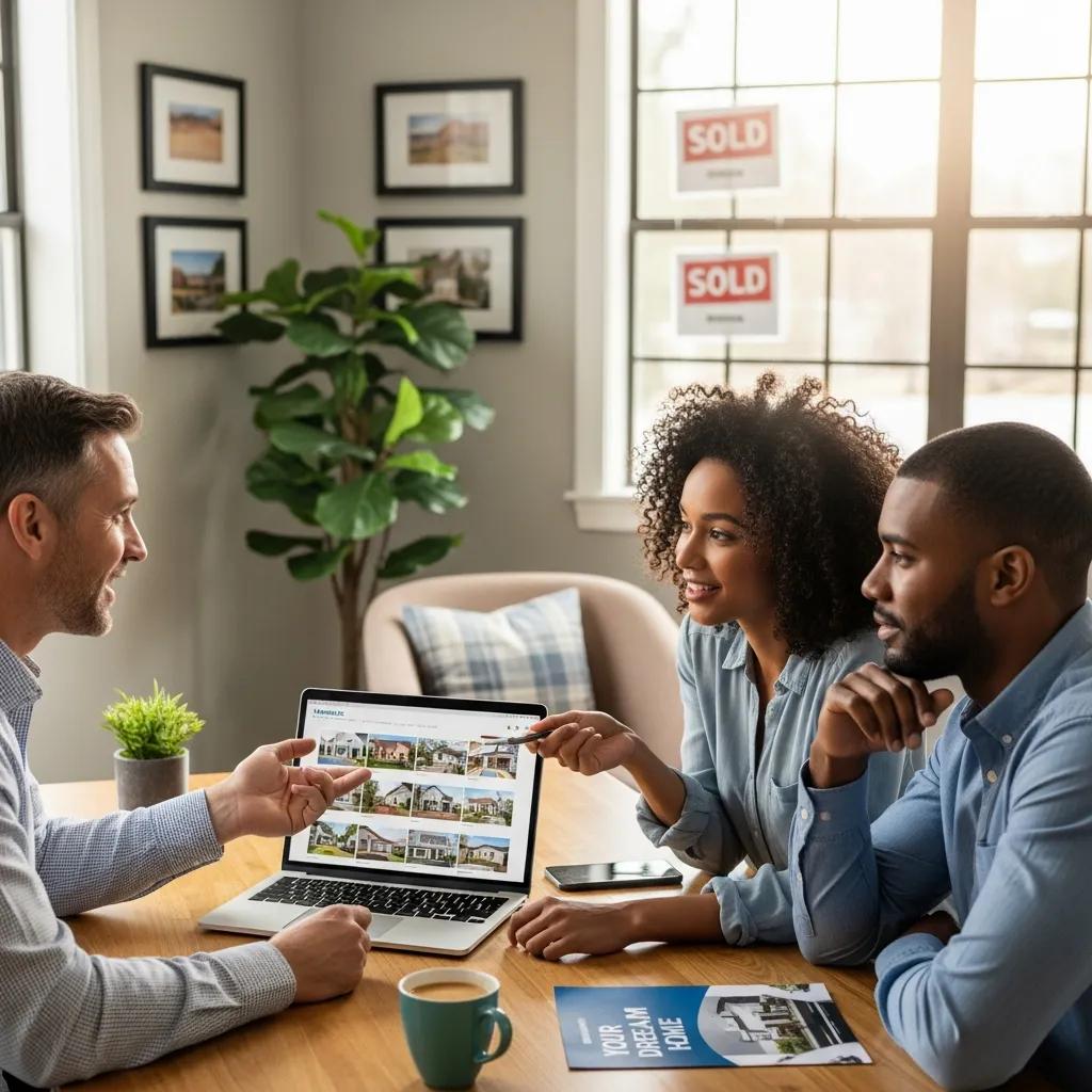 Couple consulting with a real estate agent about home buying procedures in a cozy office