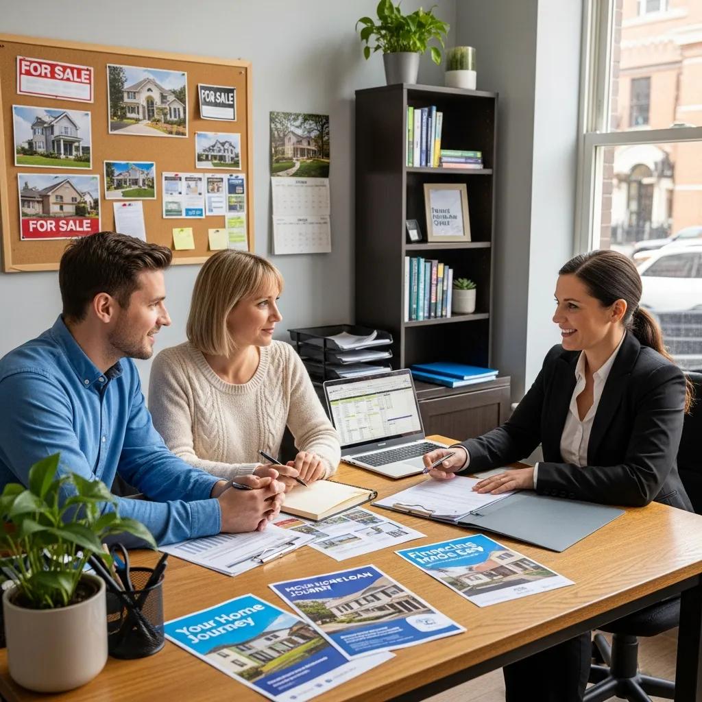 Couple discussing financing options with a real estate agent, emphasizing mortgage choices for Brooklyn home buyers