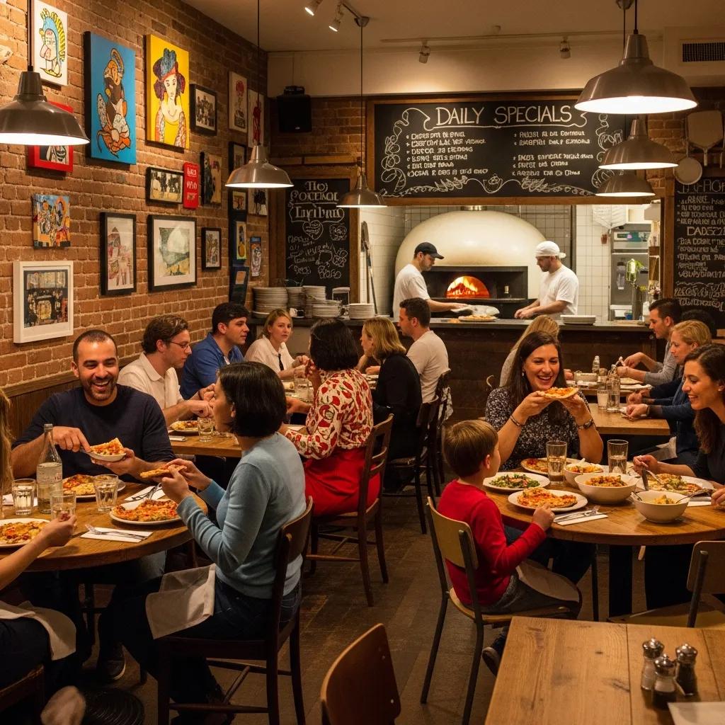 Cozy interior of a top pizza restaurant in Crown Heights, highlighting the inviting ambiance and community atmosphere