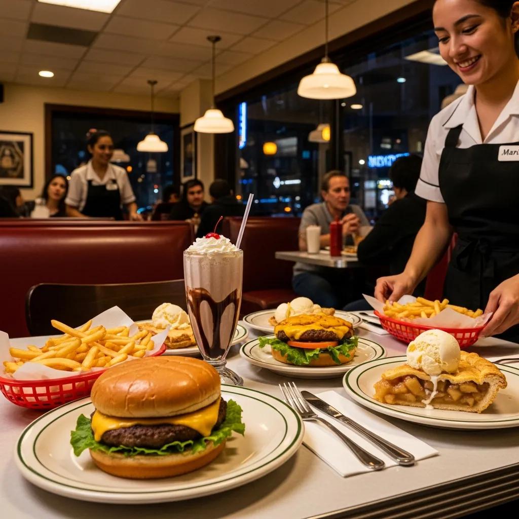 Cozy late-night dining scene at a Canarsie diner with diverse dishes