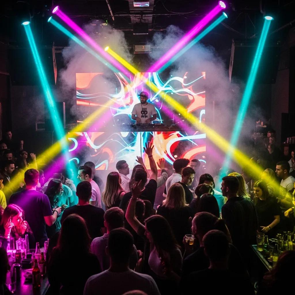 Crowded dance floor in a popular Flatbush nightclub with vibrant lights and energetic atmosphere