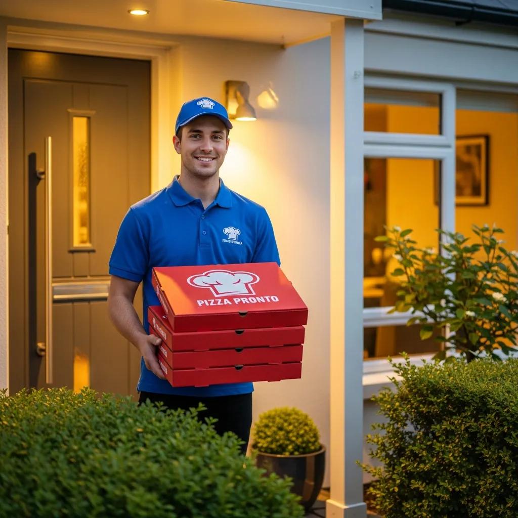 Delivery person with pizza boxes outside a residential building, highlighting convenient takeout services