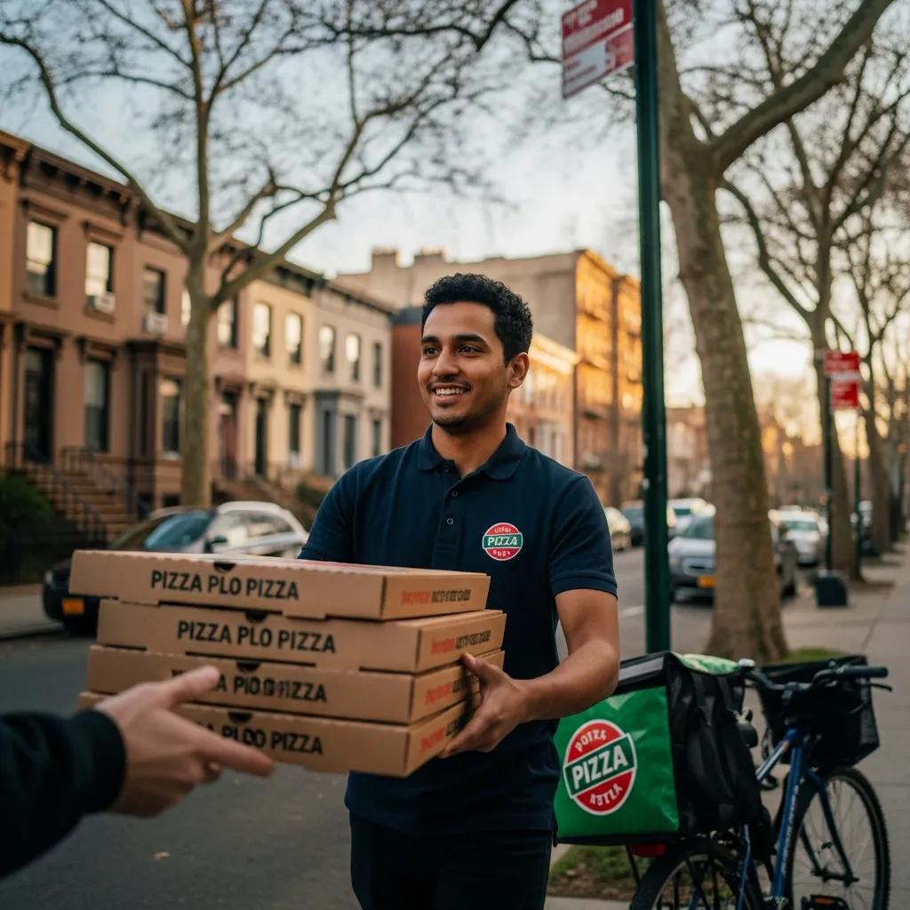 Delivery person with pizza boxes ready to deliver in a Brooklyn neighborhood