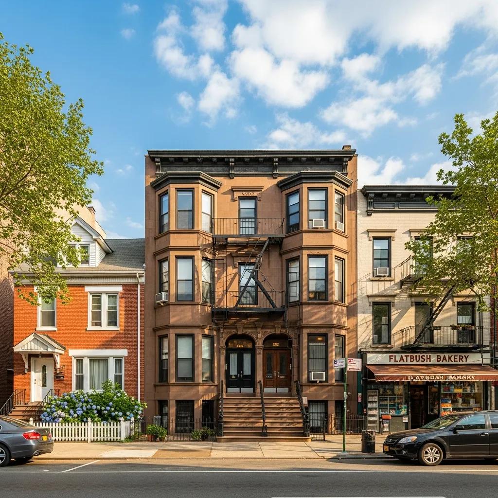 Diverse property types in Flatbush, including single-family homes, multi-family units, and commercial properties