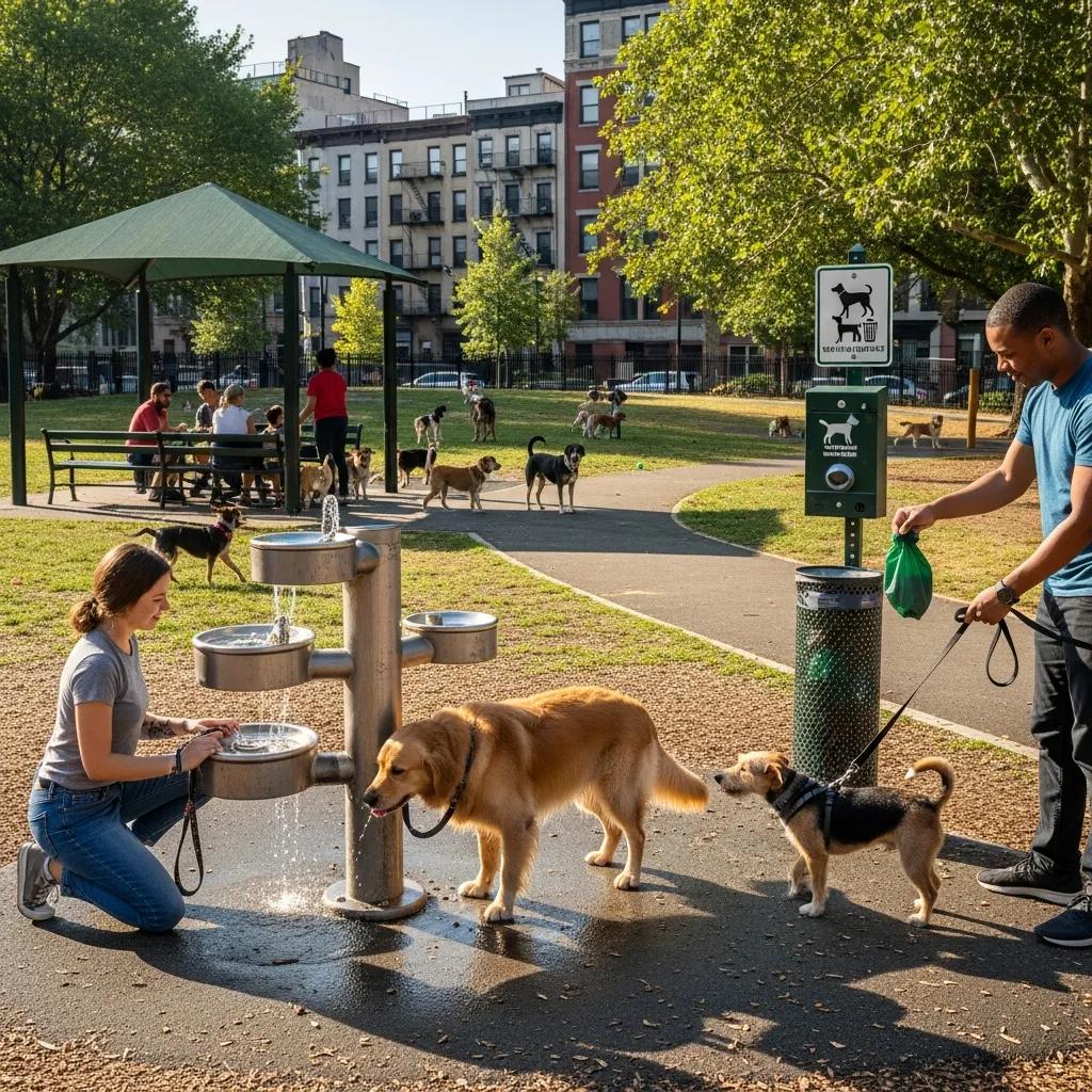 Dog park amenities in Flatbush, including water fountains and waste stations, enhancing the pet experience