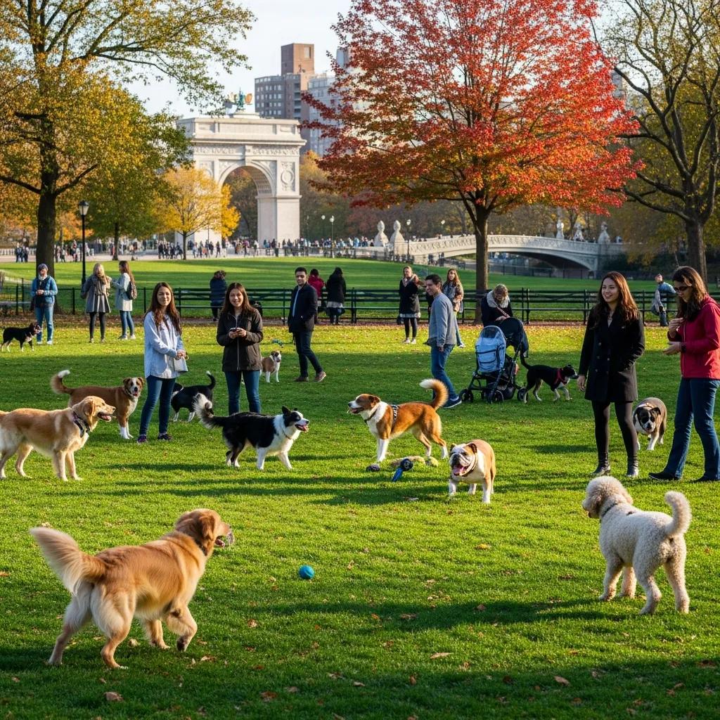 Dogs playing in the off-leash area of Prospect Park, showcasing a vibrant dog-friendly atmosphere