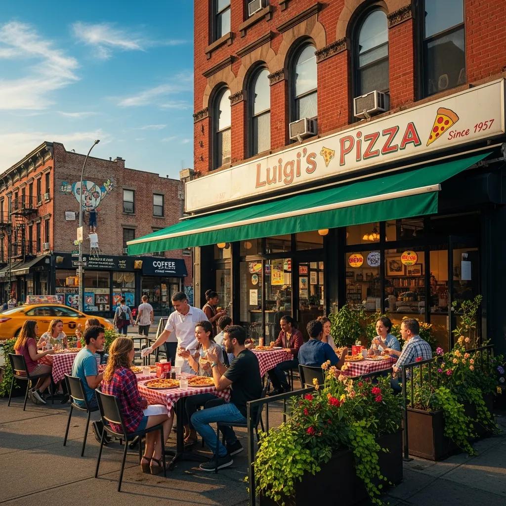 Exterior view of a popular Brooklyn pizza restaurant with diners enjoying their meals