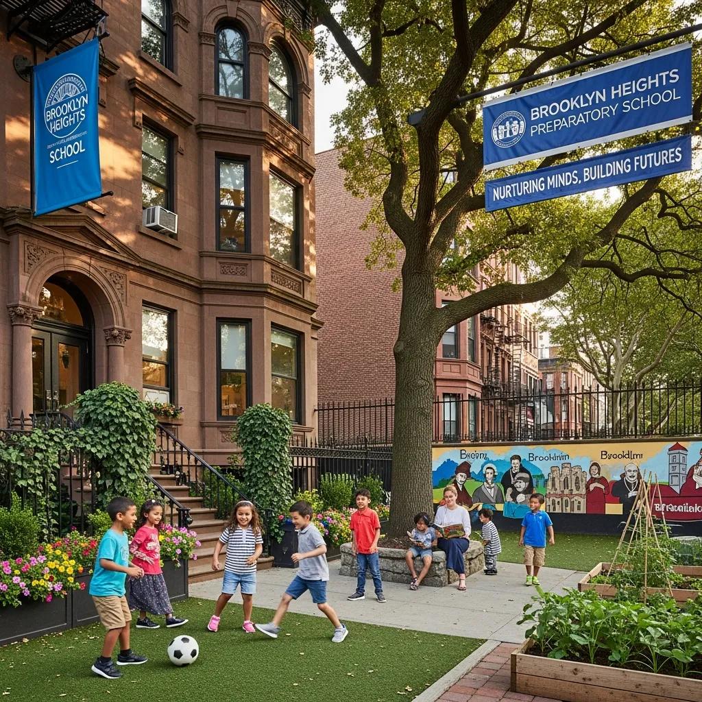 Exterior view of a private school in Brooklyn with children playing in the yard