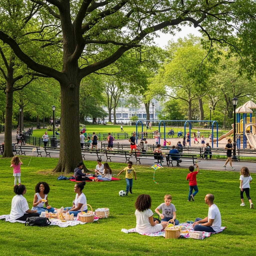 Families enjoying a sunny day at Prospect Park in Crown Heights, showcasing community life