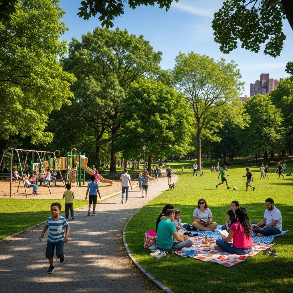 Families enjoying a sunny day at Prospect Park in Crown Heights, showcasing community lifestyle