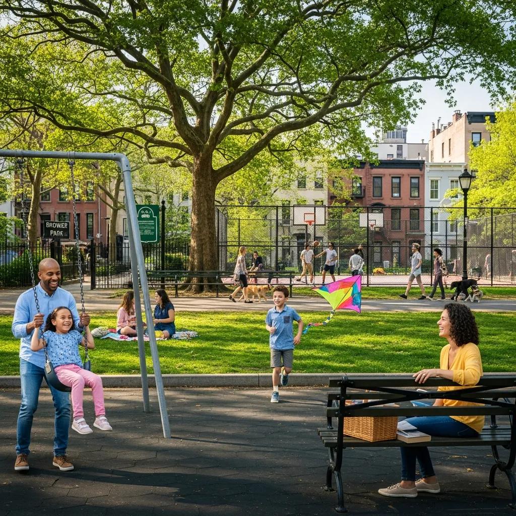 Family enjoying a day at a park in Crown Heights, highlighting community features and family-friendly atmosphere