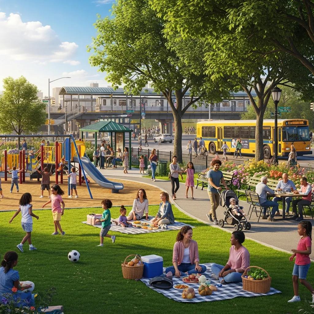 Family-friendly park in Brooklyn with children playing and families enjoying outdoor activities