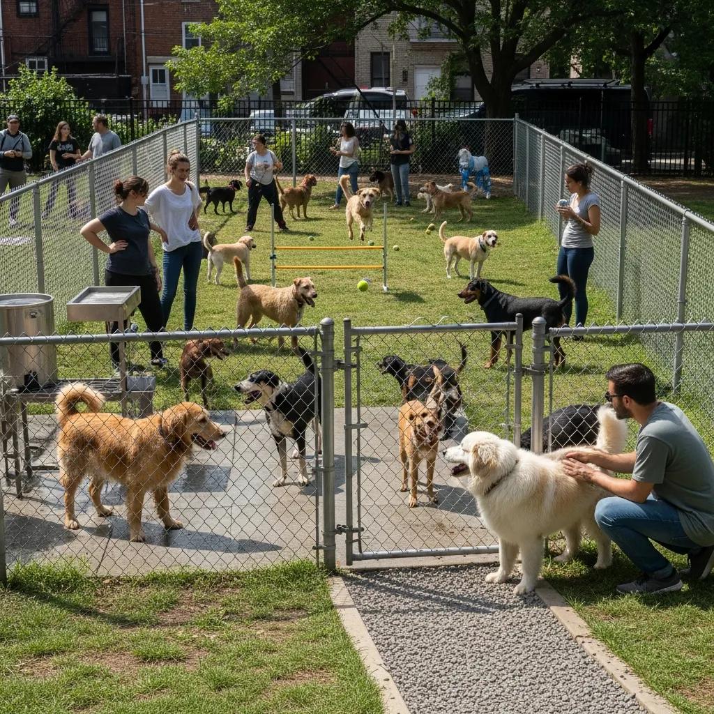 Fenced dog run in East New York with dogs playing and amenities visible