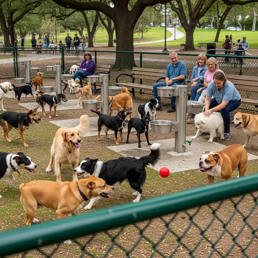 Fenced dog run with dogs playing and water stations in a Crown Heights park