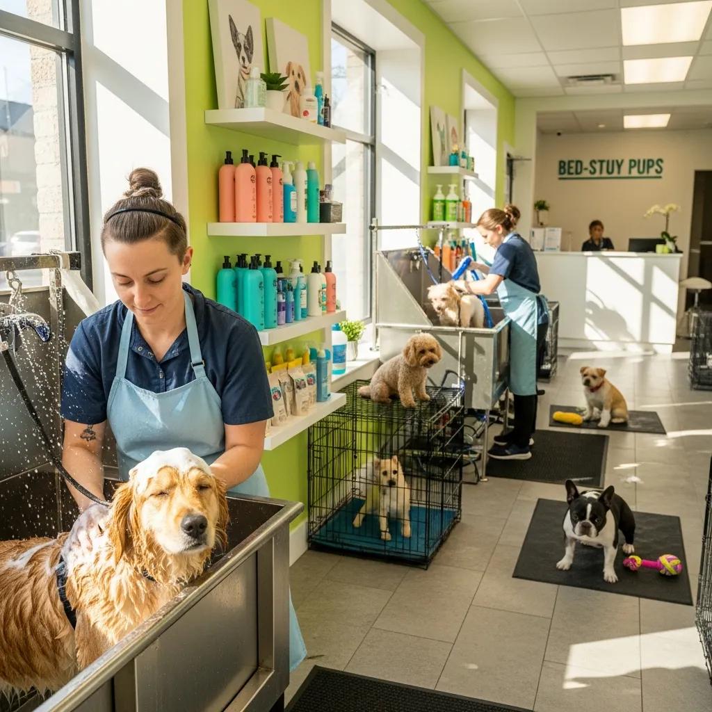 Inside a dog grooming salon in Bedford-Stuyvesant, featuring a groomer washing a dog, highlighting local pet services