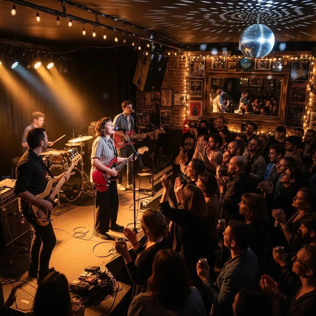 Interior of a live music venue in Crown Heights with a band performing and an engaged audience
