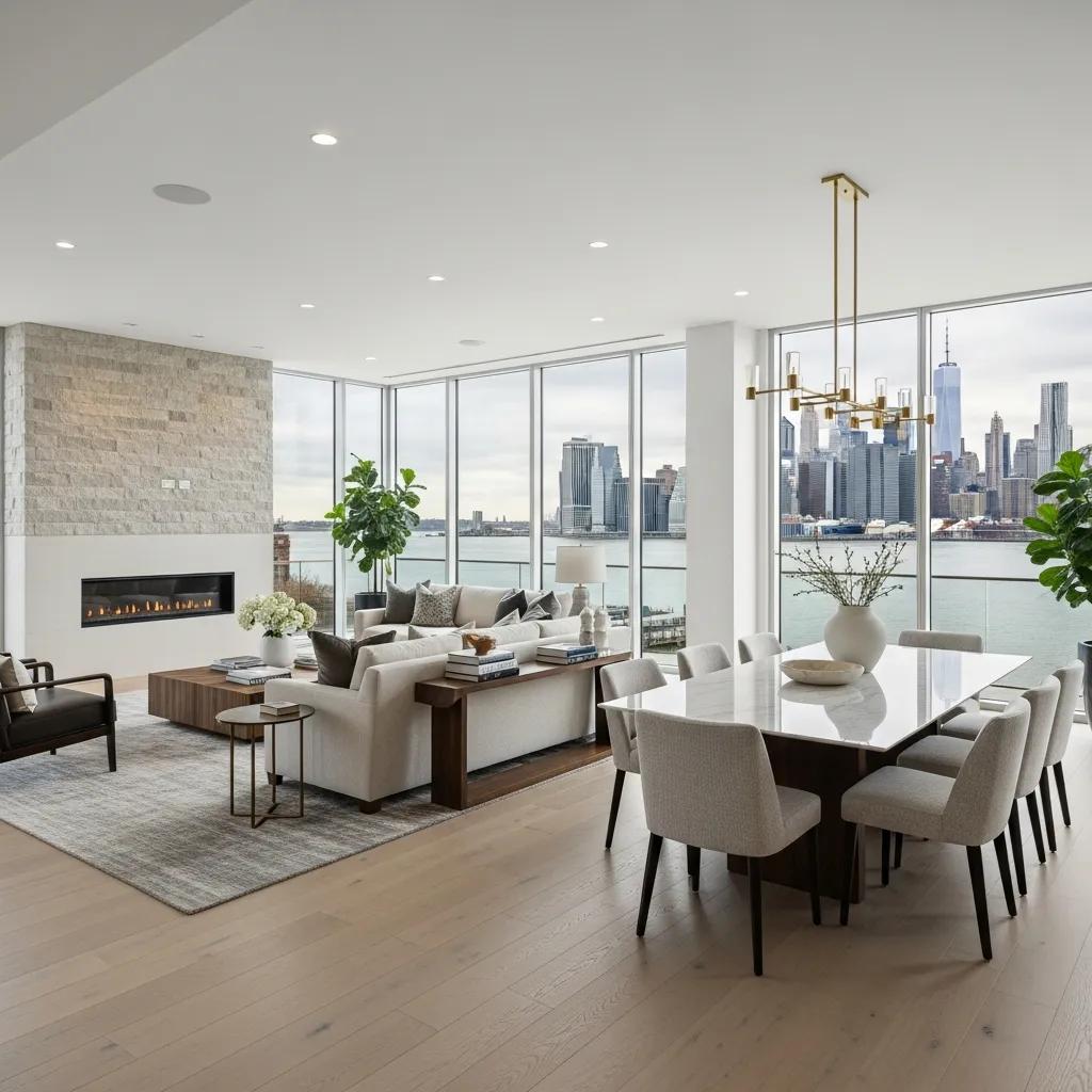 Interior of a luxury waterfront home in Brooklyn with stunning water views