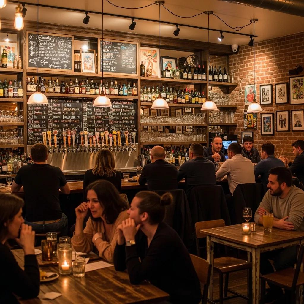 Interior of a popular Flatbush bar with patrons enjoying drinks in a cozy atmosphere