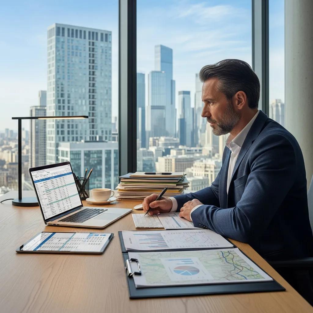 Investor reviewing real estate listings and market data in a modern office