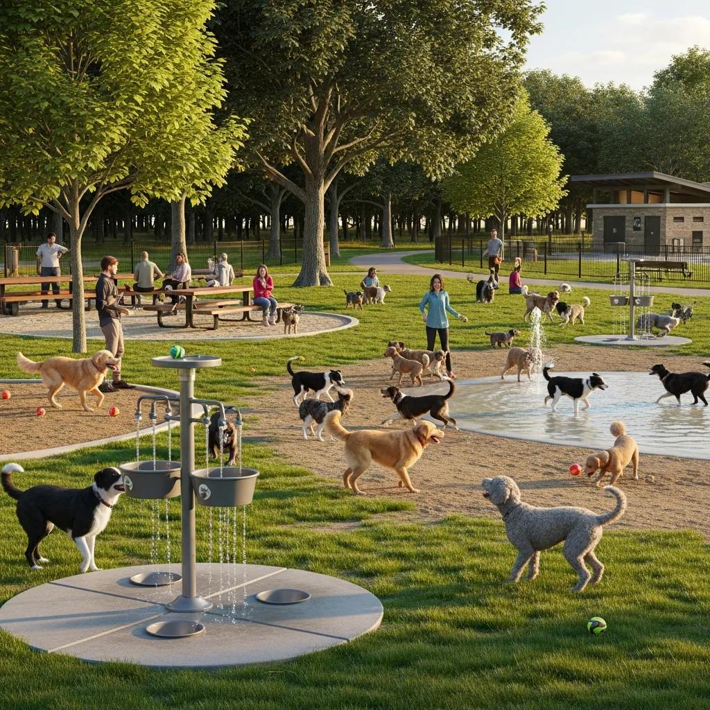 Off-leash dog area in East Flatbush park with dogs playing and owners enjoying the amenities