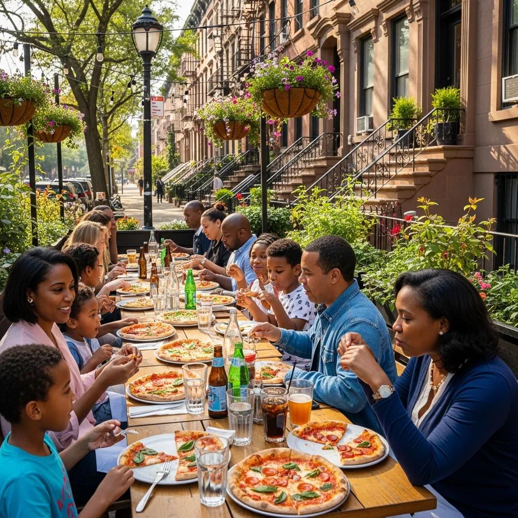 Outdoor dining scene at a Bedford-Stuyvesant pizza restaurant with diners enjoying meals in a vibrant atmosphere