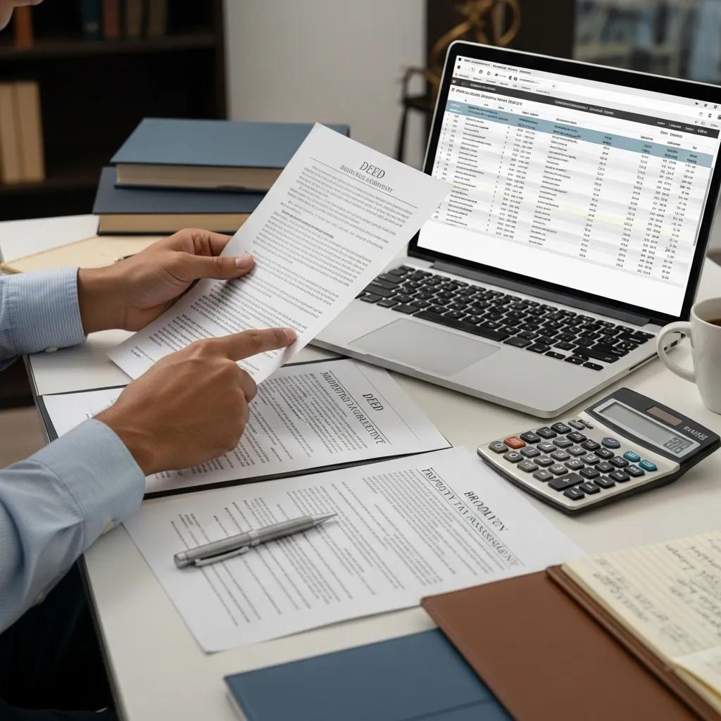 Person reviewing real estate legal documents and calculator, emphasizing property taxes and legal considerations