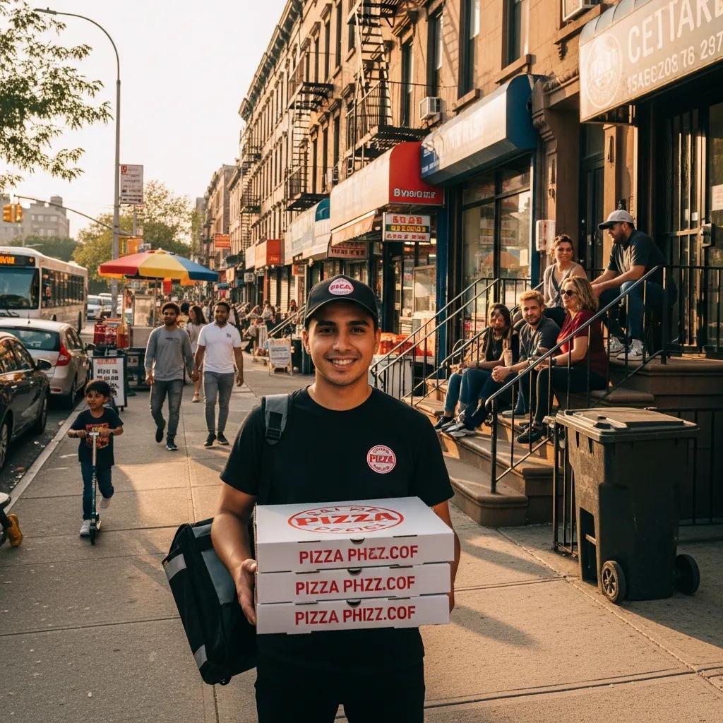 Pizza delivery person with boxes in a lively East New York neighborhood