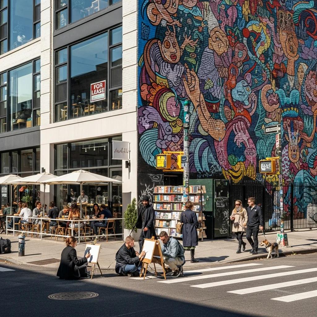 Popular Brooklyn neighborhood showcasing trendy cafes and street art, highlighting investment opportunities