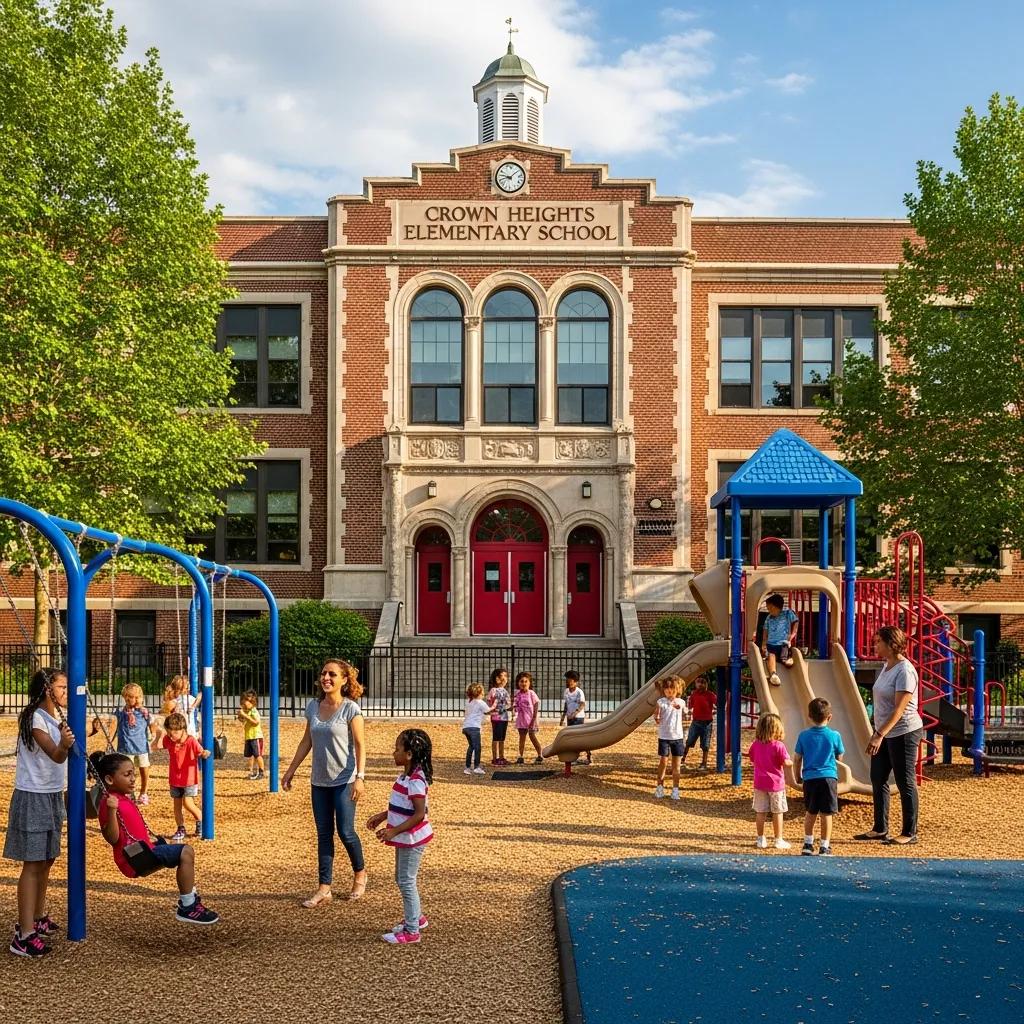 Public elementary school building in Crown Heights with children playing outside