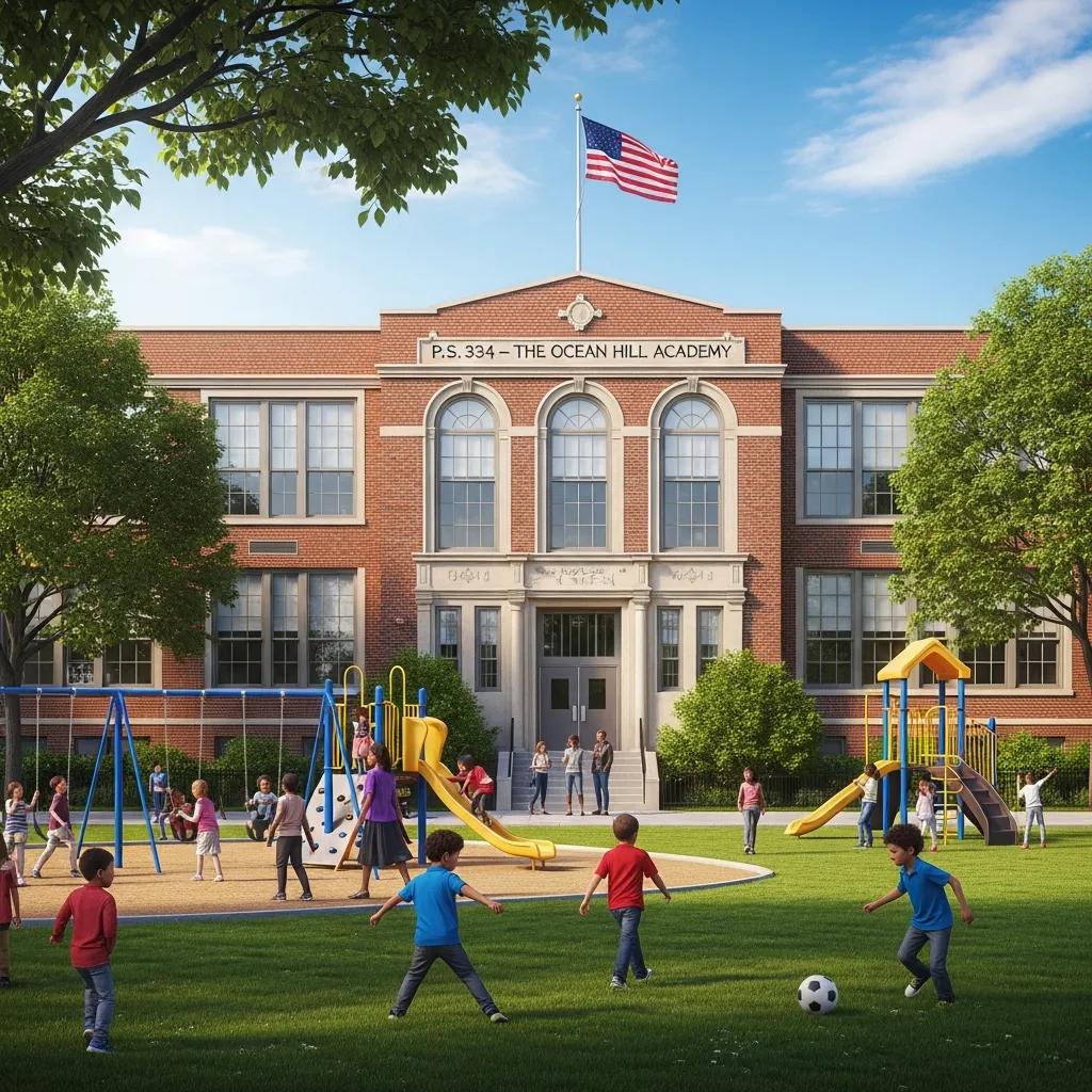 Public elementary school building in East New York with children playing outside, symbolizing community education