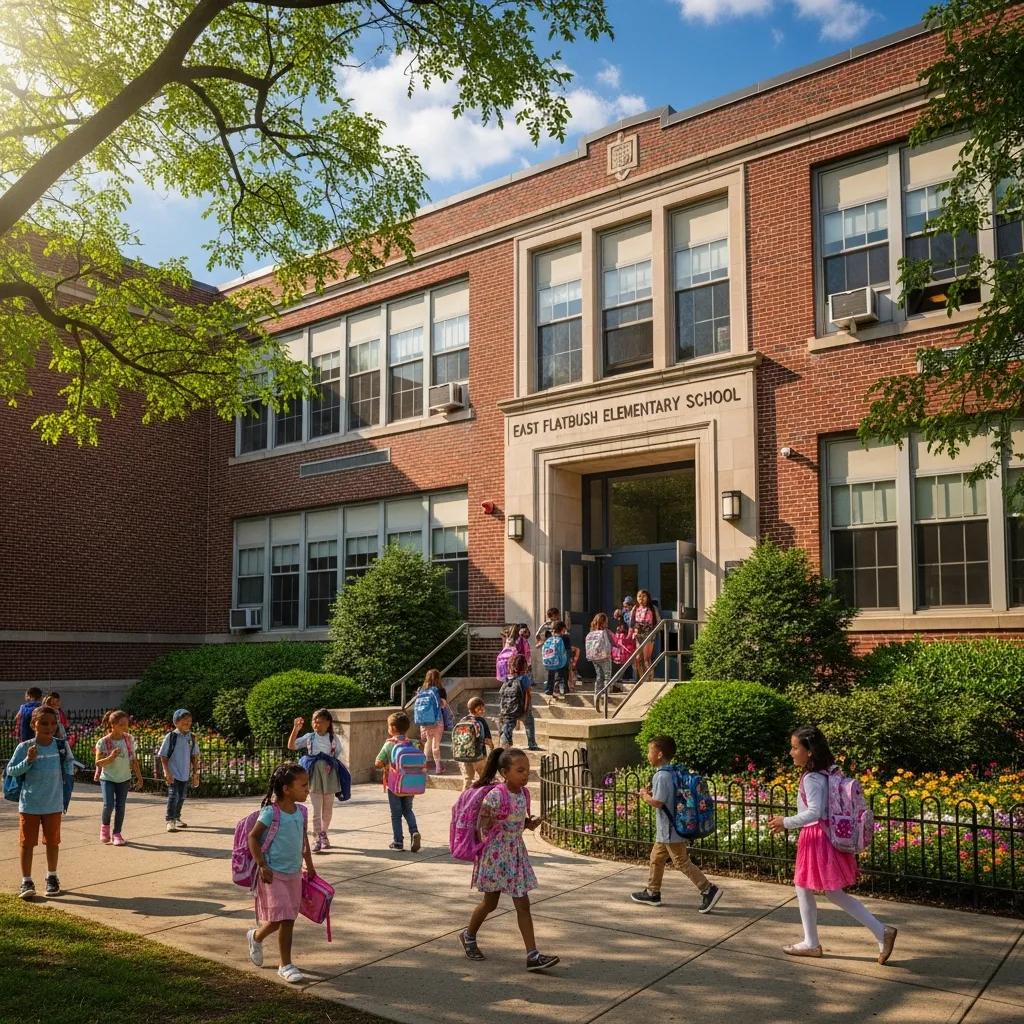 Public school building in East Flatbush with students arriving and departing
