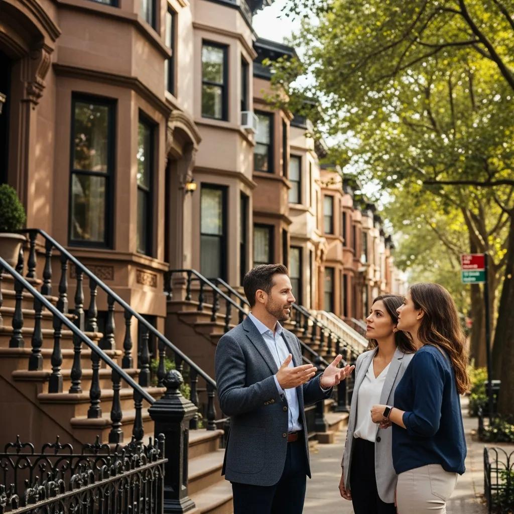 Real estate agent discussing property prices with clients in front of a brownstone in Crown Heights