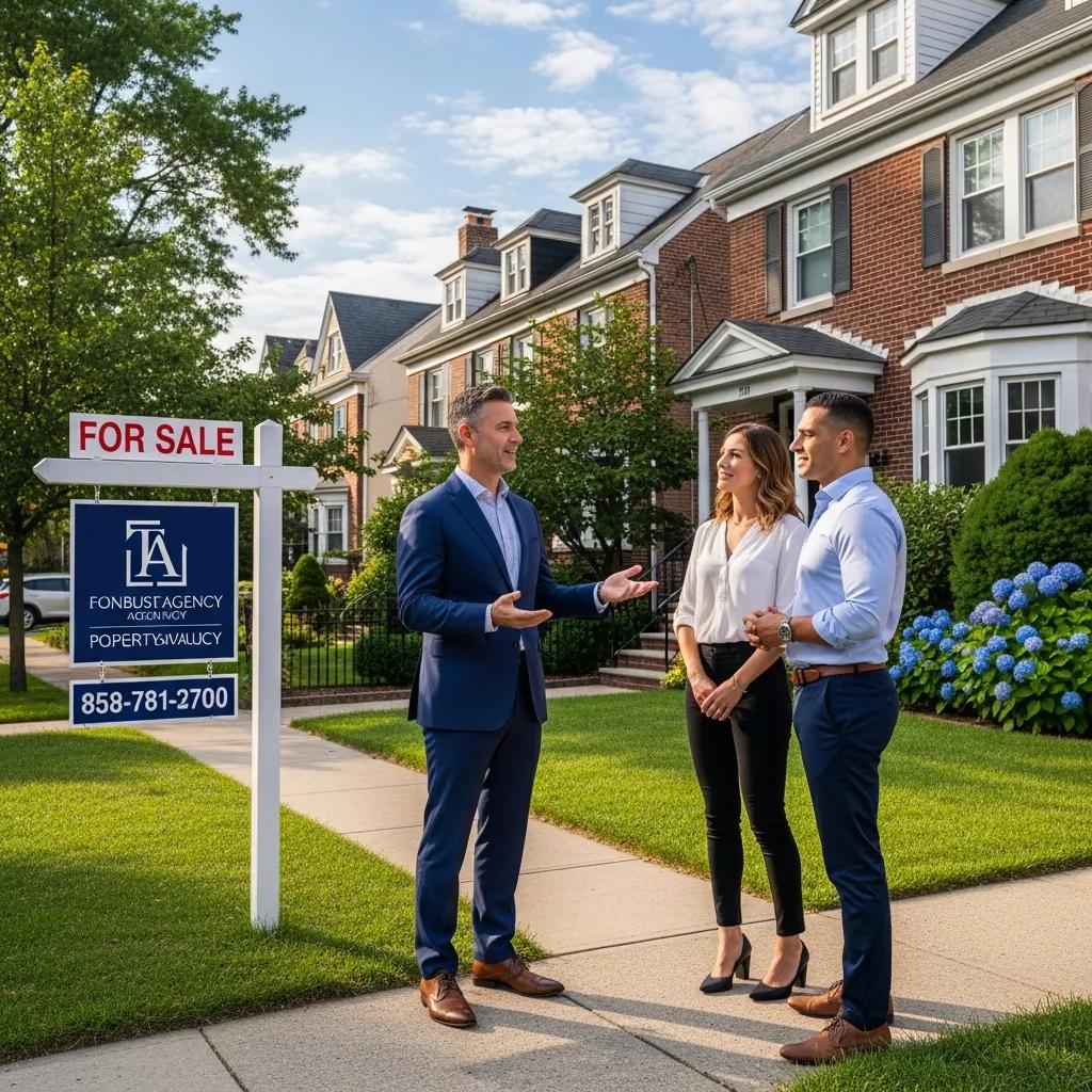 Real estate agent discussing property values with buyers in East Flatbush