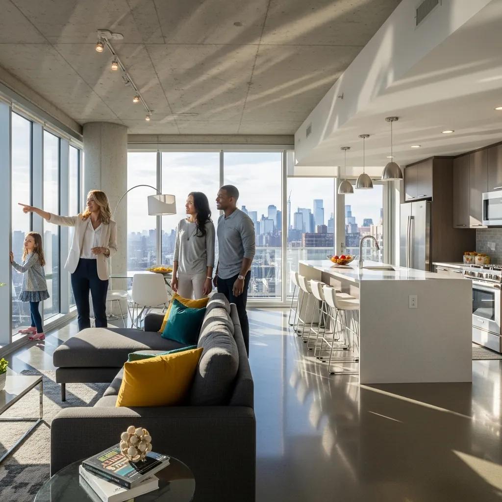 Real estate agent showing a modern condo to a family in East New York