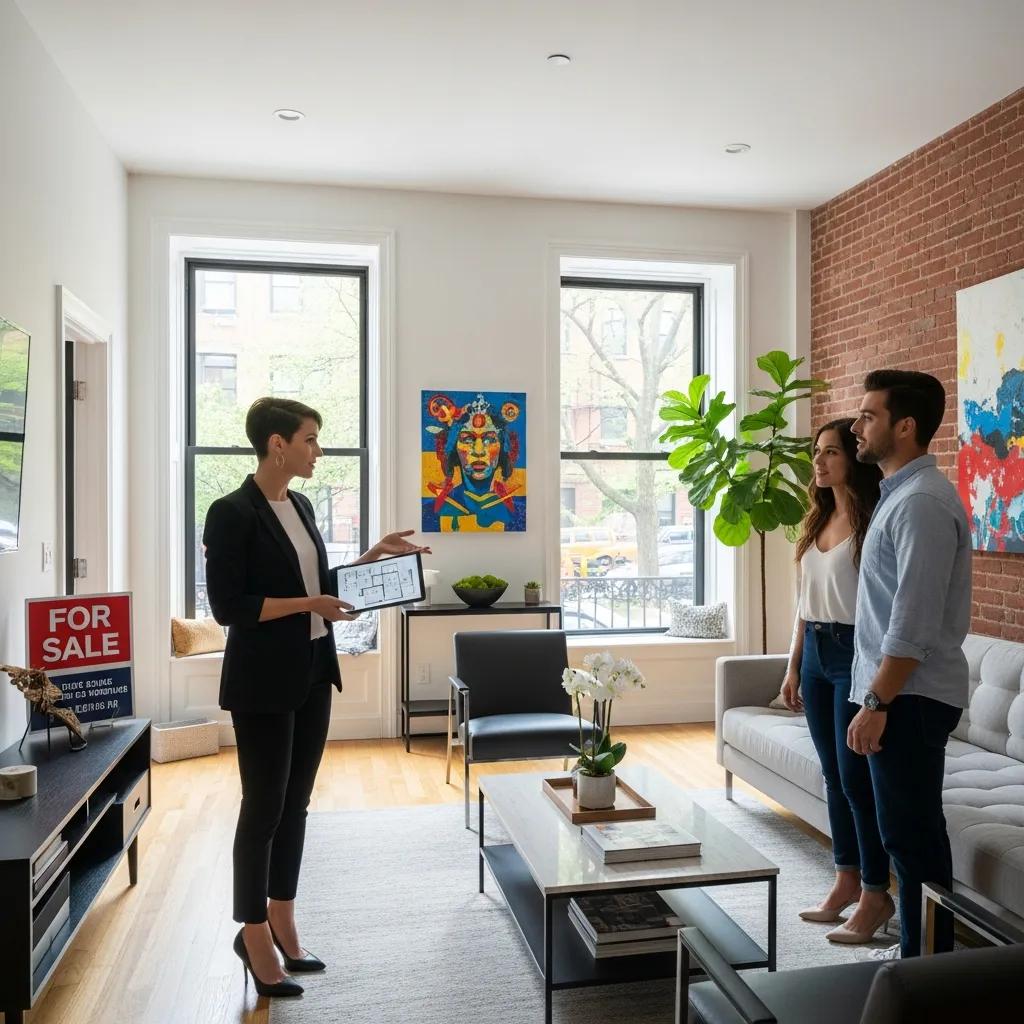Real estate agent showing a stylish Brooklyn home to potential buyers, reflecting the current market dynamics