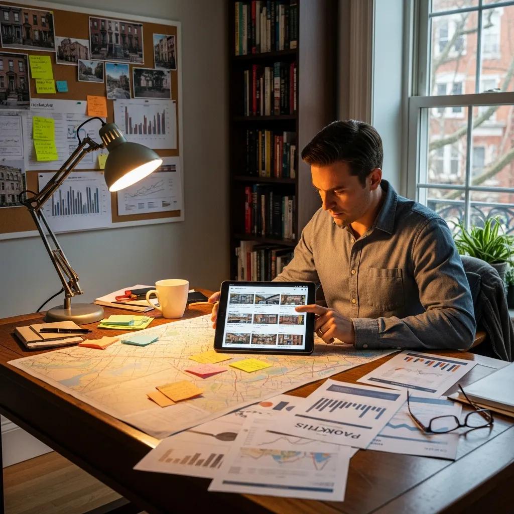 Real estate investor analyzing property listings with maps and notes in a cozy home office